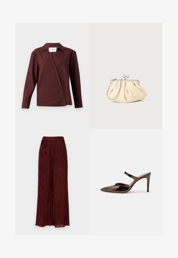 CLOSED ASYMMETRIC SHIRT - Skjortebluser - dark raisin red; Bredde ben, bourgogne bukser lavet af tekstureret stof med lodrette læg. Har et højt talje og en kant, der falder til anklerne.; Skinnende mørkebrune mule med spids tå og høje hæle med en tynd rem over foden på en ensfarvet hvid baggrund.; Plisseret beige læderclutch med en sølvmetalramme, der har to runde dekorative låse og en sølvkædetrasporte.