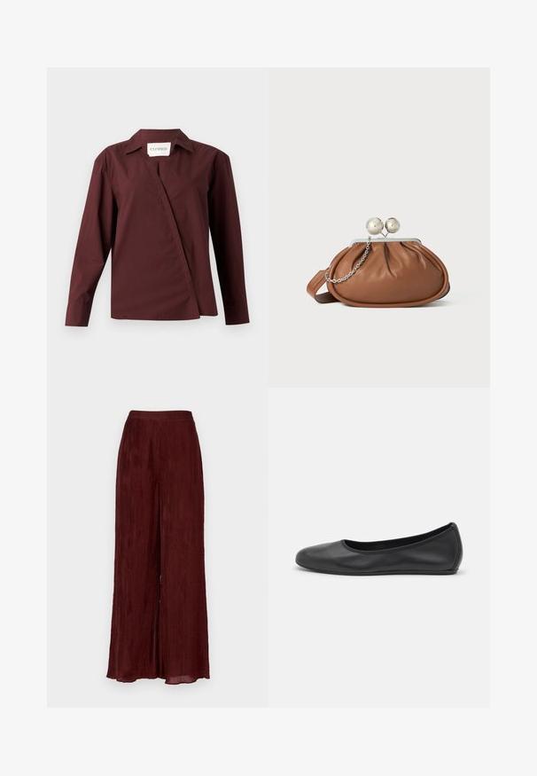 CLOSED ASYMMETRIC SHIRT - Hemdbluse - dark raisin red; Weite, burgunderfarbene Hosen aus strukturiertem Stoff mit vertikalen Falten. Sie verfügen über einen hohen Bund und einen Saum, der bis zum Knöchel reicht.; Schwarze Leder-Ballettschuhe mit abgerundeter Spitze, glatter Textur, minimalen Nähdetails und einem flexiblen Sohlen-Design.; Braune Leder-Clutch mit silbernem Kugelverschluss und einem kleinen silbernen Kettendetail auf weißem Hintergrund.