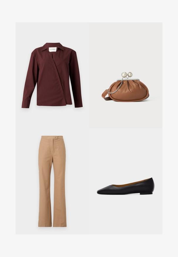 CLOSED ASYMMETRIC SHIRT - Chemisier - dark raisin red; Pantalons beiges ajustés avec une silhouette évasée, fabriqués dans un tissu lisse, comportant une fermeture à bouton sur le devant et deux poches latérales.; Chaussure plate en cuir noir à bout pointu avec talon bas et finition lisse, vue de côté sur un fond gris clair.; Pochette en cuir marron avec un fermoir à boule en argent et un petit détail en chaîne argentée sur fond blanc.