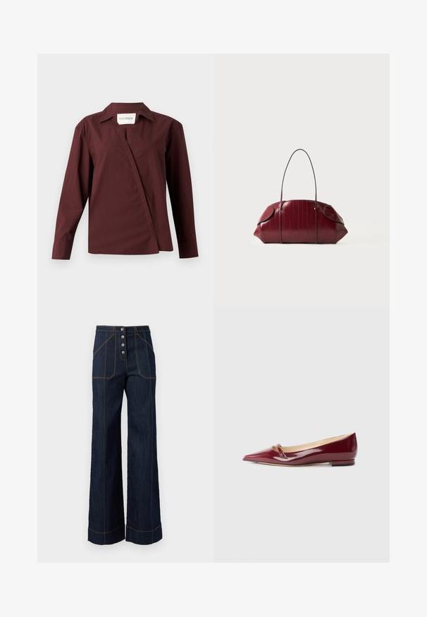 CLOSED ASYMMETRIC SHIRT - Chemisier - dark raisin red; Pantalons larges en denim foncé à taille haute, fermeture à cinq boutons à l'avant et couture dorée contrastante. Dispose de grandes poches avant.; Ballerines en cuir verni bordeaux avec un bout pointu, présentant un petit détail découpé et un petit talon. Texture lisse et design épuré.; Sac à main en cuir texturé rouge profond avec une longue sangle fine, un dessus incurvé et des extrémités arrondies sur un fond clair uni.