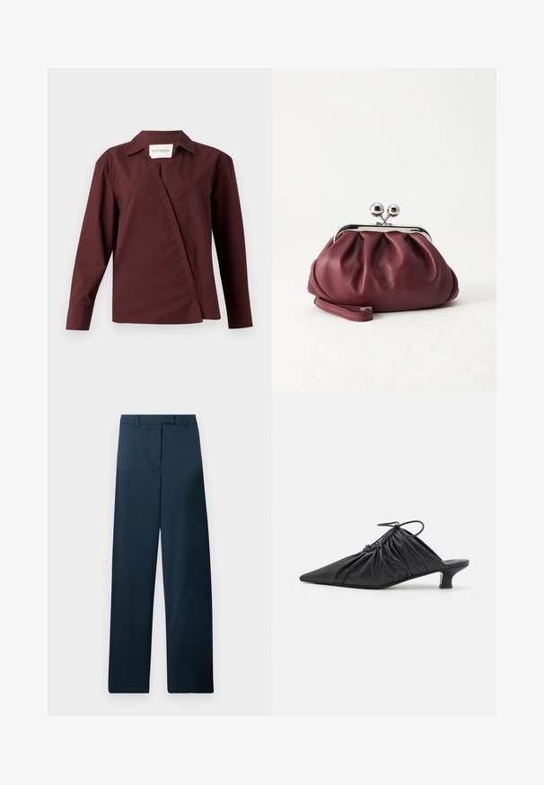 CLOSED ASYMMETRIC SHIRT - Blusa - dark raisin red; Pantalones de pierna ancha en azul marino con una textura suave, frente plano y trabillas para cinturón. Presentan un diseño minimalista y sin patrones o acentos visibles.; Mules negros de cuero sin hebillas con punta afilada, textura recogida y un pequeño tacón de gato. Presentan un detalle de cordón en la abertura.; Pequeño bolso de mano de cuero burdeos con cierre metálico plateado y correa de muñeca sobre un fondo blanco.