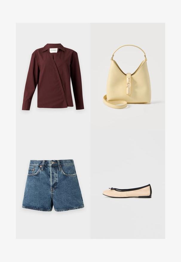 CLOSED ASYMMETRIC SHIRT - Nööpidega pluus - dark raisin red; Keskmise sinise värvusega teksashortsid, millel on kõrge talje, viis taskut, kontrastne õmblus ja metalline nööp sulgemiseks. Tekstuuriga kangas, millel on kerge pleekimine.; Lame lille balletkingad roosat värvi lakknahast musta äärega, mille varvasel on väike paelatutt ja madal must konts.; Beežist nahast käekott üksiku pealmise käepidemega, eemaldatava õlarihmaga ja esiküljel kuldse tooniga luku sulgemisega.