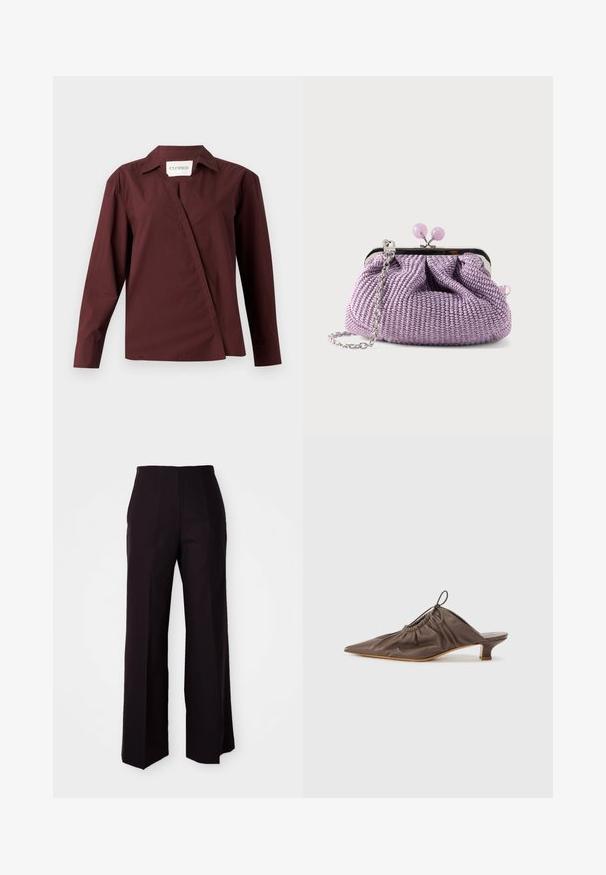 CLOSED ASYMMETRIC SHIRT - Overhemdblouse - dark raisin red; Zwarte wijde broek met hoge taille, voorzien van een gladde textuur en subtiele voormouwen, ontworpen voor een gestructureerde pasvorm.; Bruine leren muil met een puntige neus, geraffineerde textuur, kleine hak en een trekkoordaccent bij de opening. Vlotte afwerking.; Lavendelkleurige geweven clutch tas met zilveren metalen frame, ronde lavendelkleurige sluiting en zilveren kettingriem op een effen lichte achtergrond.