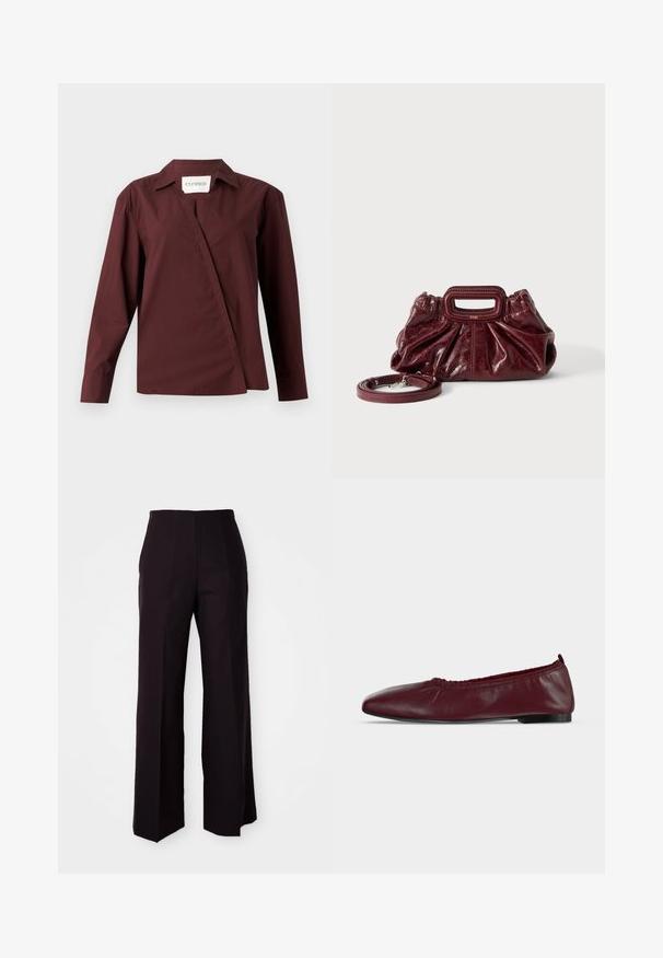 CLOSED ASYMMETRIC SHIRT - Blúzka so zapínaním na gombíky - dark raisin red; Čierne široké nohavice s vysokým pásom, s hladkou textúrou a jemnými prednými záhybmi, prispôsobené pre štruktúrovaný strih.; Bordové kožené baleríny s nariaseným elastickým horným okrajom a tenkou čiernou podrážkou na bielom pozadí.; Malá tmavočervená kožená kabelka so zhromaždenou textúrou, obdĺžnikovým výrezom na rukoväti a odnímateľným ramenným popruhom na bielom pozadí.
