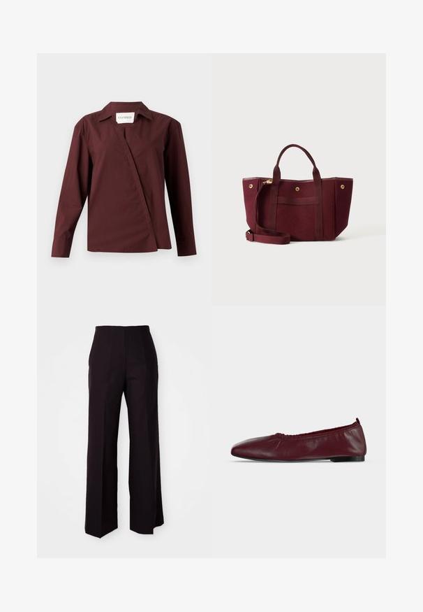 CLOSED ASYMMETRIC SHIRT - Hemdbluse - dark raisin red; Schwarze weite Hose mit hoher Taille, aus einem glatten Material und dezenten Vorderfalten, maßgeschneidert für eine strukturierte Passform.; Bordeauxrote Ballerina aus Leder mit gerafftem elastischem oberen Rand und dünner schwarzer Sohle auf weißem Hintergrund.; Bordeauxrote Tragetasche mit zwei Griffen, einem verstellbaren Schulterriemen und goldenen Druckknöpfen auf einfarbigem Hintergrund.