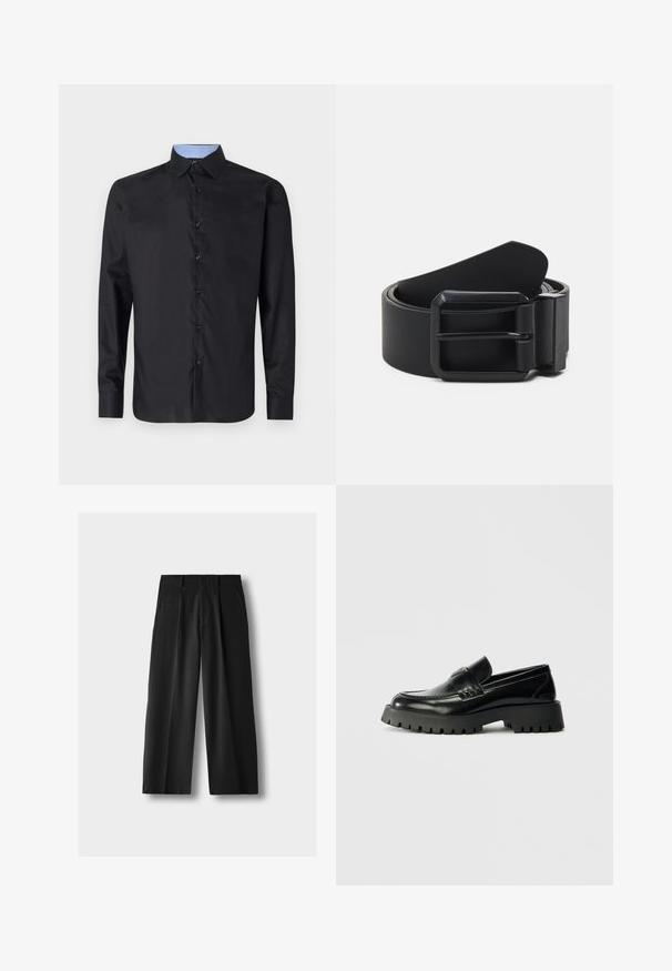 Chemise noire à manches longues en tissu lisse, avec un front boutonné, un col pointu et un col intérieur à carreaux bleu clair.; Pantalon large noir taille haute avec plis à l'avant, poches latérales, passants pour ceinture et fermeture par bouton sur fond gris clair.; Mocassins en cuir noir avec une semelle en caoutchouc texturé et épais, dotés d'une sangle à l'avant et d'un logo discret sur le talon.; Ceinture en cuir noir avec une boucle en métal noir mat, présentant une surface plate et lisse et une extrémité effilée. Design simple sans embellissements.