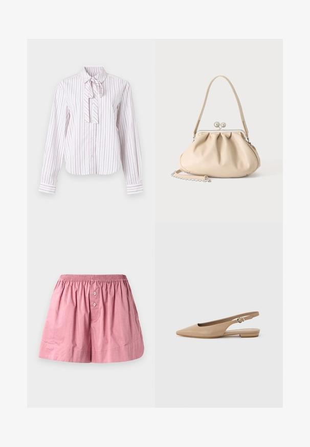 Wit overhemd met lange mouwen en roze verticale strepen, voorzien van een strikjeskraag, knoopsluiting en gestructureerde pasvorm.; Roze katoenen slaapshorts met een elastische tailleband, twee voorste knopen en een losse pasvorm. De stof is soepel met een licht gekreukt textuur.; Beige platte slingback schoenen met een spits toelopende neus, een klein hakje en een verstelbare gespsluiting, afgebeeld op een effen lichte achtergrond.; Beige zachte leren handtas met een zilveren metalen frame sluiting, een enkele schouderriem en een optionele kettingriem op een witte achtergrond.
