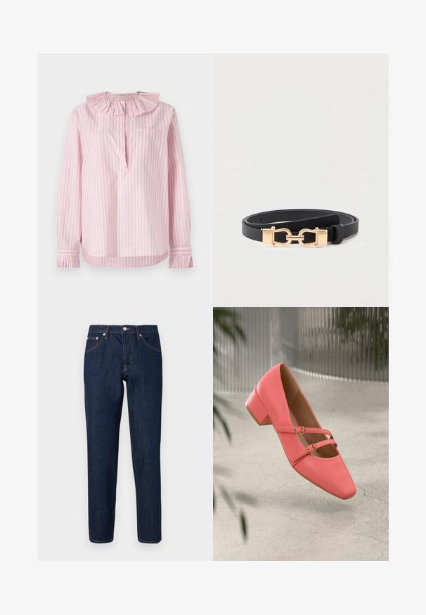 Camisa a rayas de color rosa claro con cuello y puños con volantes, único bolsillo en el lado izquierdo, hecha de suave tela de algodón.; Vaqueros ajustados de mezclilla azul oscuro con botón frontal, cremallera y diseño de cinco bolsillos sobre un fondo claro y liso.; Zapato bajo de piel coral con tacón bajo y punta afilada, que presenta dos correas y hebillas en tono dorado. Textura suave, diseño minimalista.; Cinturón de cuero negro con tirante delgado y hebilla estilo estribo dorada, tendido sobre un fondo blanco.
