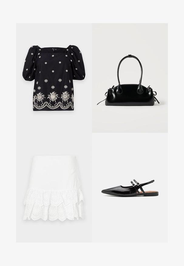 Blouse noire à coupe ample avec des manches bouffantes. Présente une broderie florale blanche et une bordure décorative le long du bas. Encolure carrée.; Jupe en coton blanc présentant un design à volants superposés avec broderie à œillets au bas. Texture lisse, longueur au-dessus du genou.; Des chaussures slingbacks en cuir verni noir présentent un bout pointu, deux sangles avec des accents de boucle, et une semelle plate.; Petit sac à main noir brillant avec deux longues anses et des détails à cordon sur les côtés sur un fond clair uni.