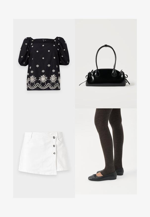 Must mustade, laia lõikega pluus puff varrukatega. Omab valget lillelist tikandit ja dekoratiivset äärt alumisel serval. Ruudu kujuline kaelus.; Valge denim mini seelik sirge lõikega, külgmise nööbkinnisega, kus on neli metallist nööpi ja õhuline look. ; Jalad seljas tumedad soonelises soonelises kombines mustade baleriinadega, millel on väikesed paelade detailid valgel taustal.; Väike must läikiv käekott kahe pika sangaga ja külgedel paelakinnitustega, ühel lihtsal helel taustal.