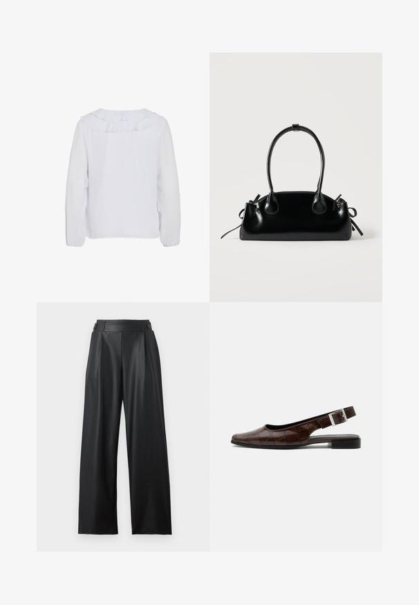 Blusa blanca de manga larga con cuello con volantes, textura lisa y puños elásticos. Diseño simple y limpio, adecuado para diversas ocasiones.; Pantalones anchos de cuero sintético negro con cintura alta, detalles de botones en la cintura y pliegues delanteros.; Zapato plano de piel marrón oscuro con tira trasera, punta cuadrada, textura de cocodrilo y hebilla plateada en la correa.; Pequeño bolso negro brillante con dos asas largas y detalles de cordón lateral sobre un fondo claro liso.