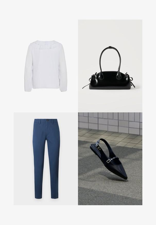 Hvid langærmet bluse med en flæset krave, glat tekstur og elastiske manchetter. Enkel, ren design der egner sig til forskellige anledninger.; Blå bomulds chinos med slim fit, der har knaplukning, bæltestropper og standard lommer, glat tekstur og rene linjer.; Sort flad slingback med spids tå og dobbelte spænder, hvilende på grå asfalt nær flisevæg.; Lille sort blank håndtaske med to lange håndtag og snøre-detaljer i siden på en ensfarvet lys baggrund.