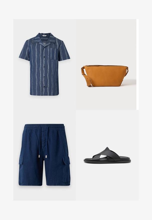 Camisa de manga corta en tela azul oscuro con rayas verticales blancas. Presenta un cuello con muesca y un bolsillo en el pecho, asegurado con botones negros.; Pantalones cortos cargo azul marino hechos de tela ligera, con una cinturilla elástica y cordón, dos bolsillos laterales y un bolsillo en la pierna.; Stuart Weitzman BERKLEY - Sandalias planas - black; Bolso bandolera de cuero marrón claro con correa ajustable y cierre de cremallera, mostrado sobre un fondo claro y liso.