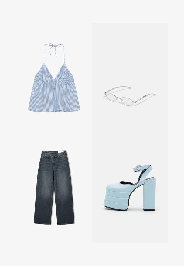 Modro-biely vertikálne pruhovaný halter top s hlbokým výstrihom do V a zaväzovaním na krku do mašle, bez rukávov a voľný.; Tmavé denimové džínsy s širokým strihom, s vysokým pásom, piatimi vreckami a jemným žmurkaním na prednej strane.; LAMODA VIDEO GAMES - Sandále na platforme - blue; Oválne okuliare s kovovým strieborným rámom, priesvitnými šošovkami a textúrovanými perlovými akcentmi na spánkoch. Ľahký dizajn s zahnutými ramenami.