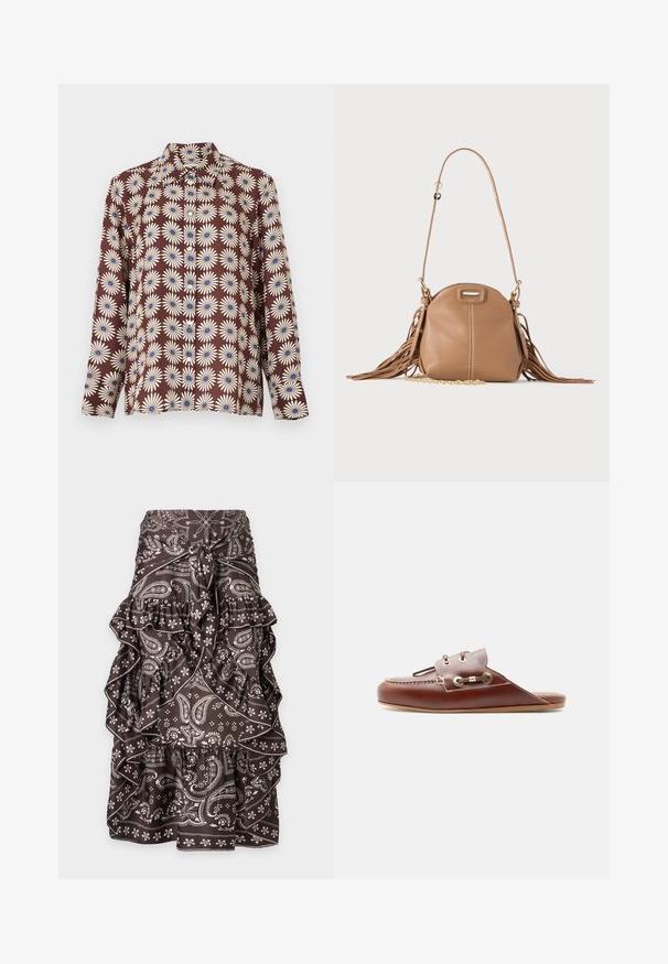 Chemise marron à manches longues avec des motifs de marguerites blanches aux centres bleus, fermeture boutonnée à l'avant et col pointu.; Jupe marron avec motifs paisley et floraux blancs, volants superposés et nœud à l'avant à la taille.; Mocassin à enfiler en cuir marron avec couture moc toe, œillets dorés et détail de lacet décoratif sur le côté, semelle plate, profil latéral.; Petit sac à bandoulière en cuir fauve avec longue bandoulière, détail chaîne dorée et franges des deux côtés sur un fond neutre.