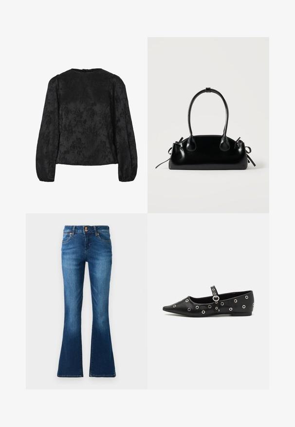 Sort bluse med lange puffede ærmer, der har et tekstureret blomstermønster. Rund halsudskæring med en knaplukning bagpå.; Blå denim flared jeans med forlommer, bæltestropper og dobbelt knaplukning vist på en ensfarvet baggrund.; Sort læder fladsko med spids tå, prydet med dekorative sølv øjer og et justerbart bånd over anklen.; Lille sort blank håndtaske med to lange håndtag og snøre-detaljer i siden på en ensfarvet lys baggrund.