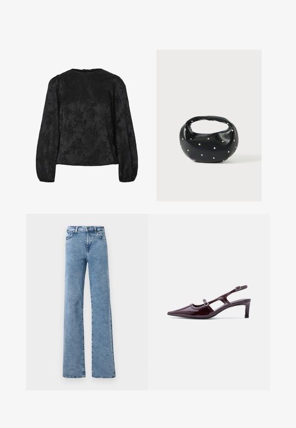 Mustikasest bluusist, millel on pikad puffse varrukad ja tekstuuriga lillemuster. Ümmargune kaelus ja nööbiga kinnitus seljaosas.; Noisy May Straight fit NMYOLANDA - Wide leg - medium blue denim; Bordo lakknahast rihmik, millel on terav nina, madal konts ja kaks reguleeritavat pandlarihma.; Mustast nahast ümmarguse kujuga käekott, kaunistatud hõbedaste naeladega, lühikese sangaga. Sile tekstuur ja tõmblukuga sulgemine.