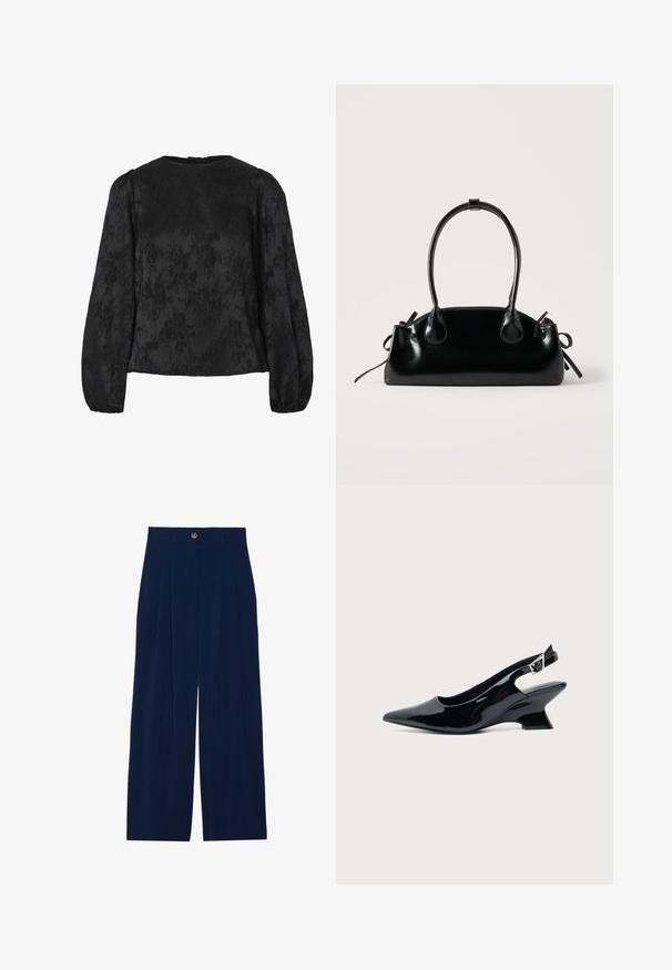 Black blouse with long puffed sleeves, featuring a textured floral pattern. Round neckline with a button closure at the back.; Navy blue wide-leg trousers made of soft material, featuring front pleats, a button closure, and two side pockets.; Black patent leather slingback shoe with pointed toe and low angled block heel on plain light background.; Small black glossy handbag with two long handles and side drawstring details on a plain light background.