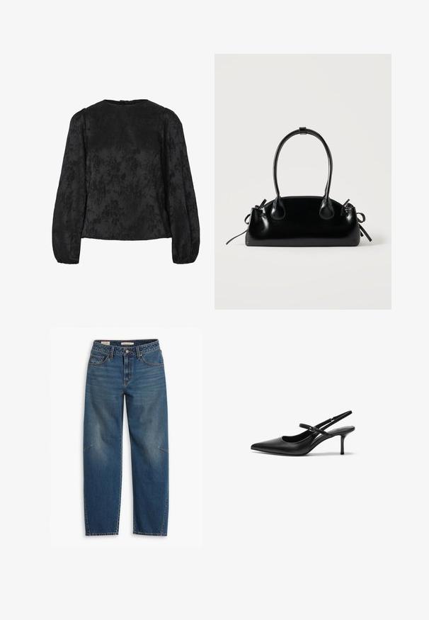 Sort bluse med lange puffede ærmer, der har et tekstureret blomstermønster. Rund halsudskæring med en knaplukning bagpå.; Blå denim jeans med en afslappet pasform, der har høj talje, lige ben, synligt syning og en lille detalje på venstre knæ.; Sorte læder slingback hæle med spids tå, slank justerbar rem og en stiletto hæl på cirka 5 cm, glat tekstur.; Lille sort blank håndtaske med to lange håndtag og snøre-detaljer i siden på en ensfarvet lys baggrund.