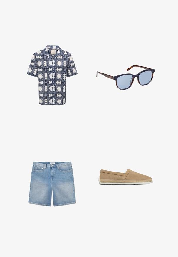 Camisa de manga corta con botones, con un intrincado patrón geométrico y de cachemira en azul oscuro y blanco.; Pantalones cortos de mezclilla azul claro con un corte recto, cinco bolsillos, un ligero desgastado y una etiqueta de marca en la cinturilla. Material de algodón con costuras clásicas.; Zapato casual beige tipo slip-on con parte superior de ante, ribete trenzado de yute alrededor de la suela y suela exterior de goma blanca.; Gafas de sol rectangulares con un marco de carey oscuro y lentes azules. Presentan una ceja en un tono sólido de navy y patillas elegantes.