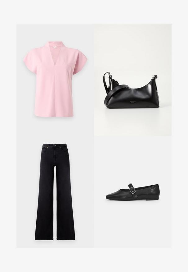 Kurzärmelige, rosa V-Ausschnitt-Bluse mit lockerem Schnitt, gefertigt aus glattem Stoff. Verfügt über ein minimalistisches Design und subtile Nahtdetails.; Hoch geschnittene schwarze weite Jeans mit vorderen Taschen, Gürtelschlaufen und einer Knopfleiste.; Schwarzer Lederflatschuh mit runder Zehenform, einem verstellbaren Schnallenriemen und einer glatten, glänzenden Oberfläche. Minimalistisches Design mit einem niedrigen Absatz.; Schwarze lederne Handtasche mit glatter Textur. Verfügt über einen verstellbaren Riemen und ein elegantes, minimalistisches Design mit einem Reißverschluss.