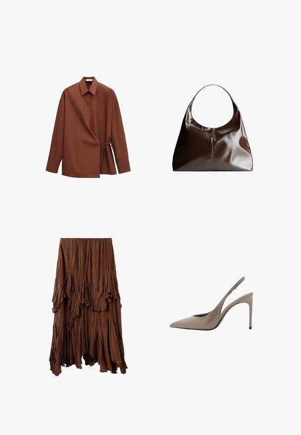 Bruin shirt met lange mouwen, scherpe kraag, knopen aan de voorkant en een wikkelriemdetail aan de rechterzijde.; Bruine gerimpelde rok met een asymmetrische zoom en gelaagde, gedrapeerde stofdetails die een gestructureerde, vloeiende uitstraling creëren.; Beige gepatenteerde leren slingback hoge hakken met een spitse neus en een slank ontwerp, voorzien van een dunne hoge hak en een uitsparing aan de zijkant.; Bruine leren hobo tas met een afgeronde bovenkant, een gladde textuur en subtiele stikdetails. De schouderband is breed en gebogen voor comfort.
