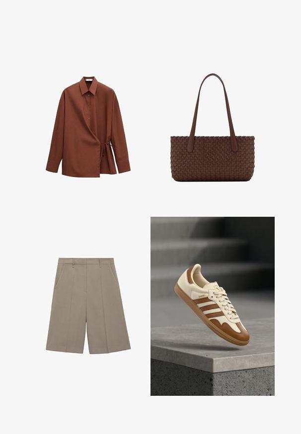 Chemise marron à manches longues avec col pointu, boutons sur le devant et détail de ceinture nouée côté droit.; Shorts plissés beige à coupe droite, dotés de passants de ceinture et de poches latérales. Fabriqués en tissu lisse et léger.; Baskets classiques avec une tige en cuir crème, des accents marron, trois bandes et une semelle en caoutchouc texturée. Elles présentent un bout arrondi et une fermeture à lacets.; Sac à main en cuir marron avec un motif tissé, avec deux longues anses fines pour un port à l'épaule.