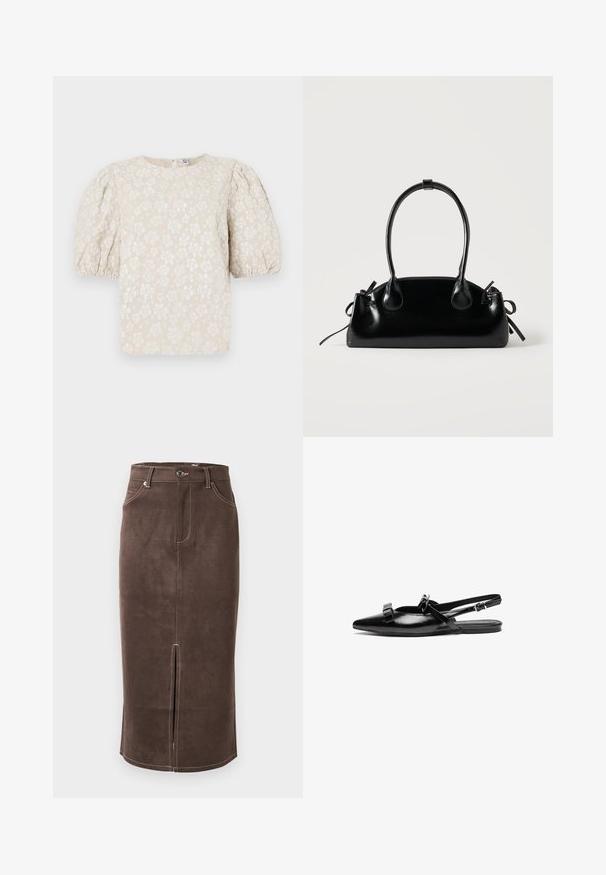 Beige blomsterbluse med pufærmer, tekstureret stof, subtil glans og rund udskæring. Har små hvide blomstermønstre over det hele.; Brun ruskind pencilskørt med frontslids, kontrasterende hvid syning og klassisk fem-lomme design. Klassisk knaplukning i taljen.; Sort læderslingback flad sko med spids tå, prydet med volangdetaljer på bæltet og justerbar ankelrem. Glat overfladetextur.; Lille sort blank håndtaske med to lange håndtag og snøre-detaljer i siden på en ensfarvet lys baggrund.