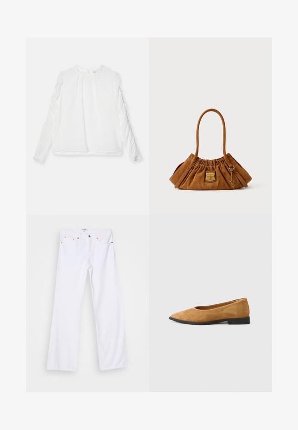 Hvid langærmet top med rund halsudskæring og samlede detaljer på ærmerne. Lavet af letvægtsstof med en flowy pasform.; Hvide denim flared jeans med orange syninger, fem lommer og metallukning. Overfladen har en glat, let struktureret finish.; Brune ruskindsballerinaer med spids tå og lav sort hæl. Glat tekstur med enkelt design uden synlige udsmykninger.; Brun ruskindshåndtaske med et foldet design, der har et enkelt håndtag, guldfarvet beslag og en rektangulær lukning foran.