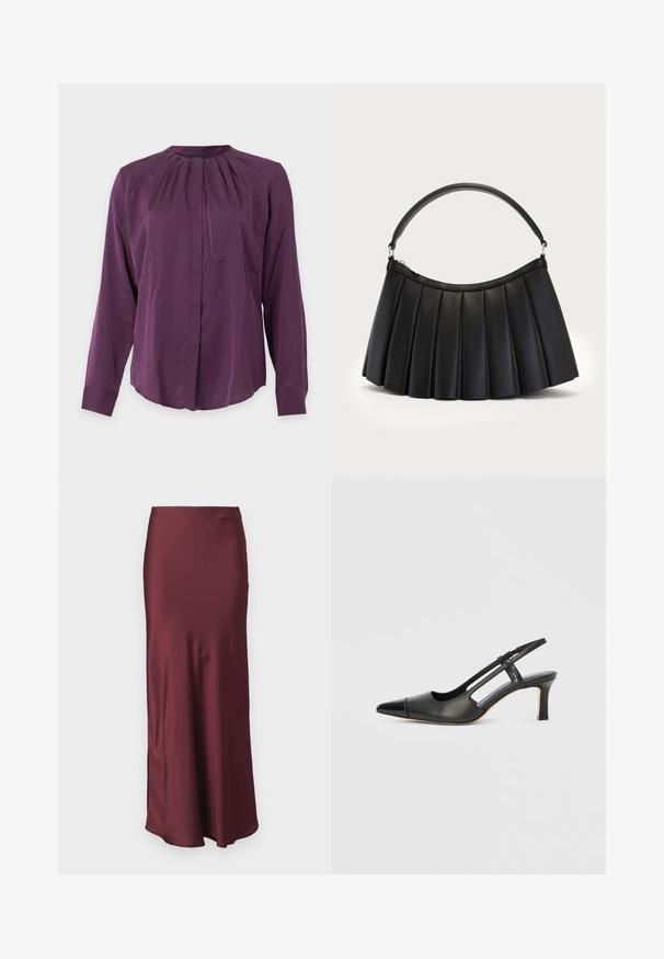Blouse violette à manches longues avec un col rond, un détail plissé près du col et des boutons cachés sur le devant.; Jupe maxi en satin bordeaux avec une taille ajustée et un ourlet évasé, présentant une texture lisse et sans motifs ni ornements visibles.; Chaussure à bride arrière en cuir noir avec bout pointu, dotée d'un accent brillant sur le bout et d'un talon de hauteur moyenne. Design latéral ouvert.; Sac noir plissé en simili cuir, avec une anse incurvée et une fermeture éclair sur le dessus. Texture lisse avec un design structuré.