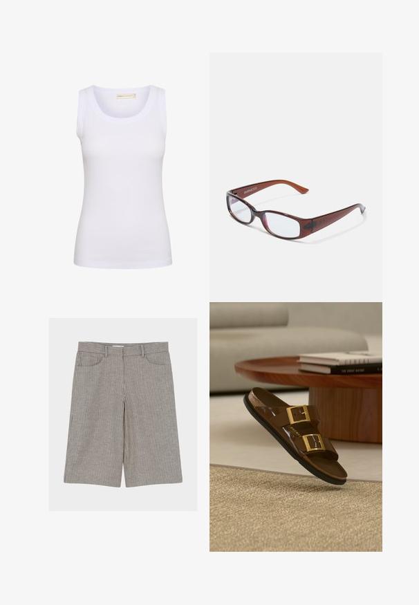 Débardeur blanc côtelé sans manches avec encolure dégagée, petite étiquette de marque à l'intérieur du col et coupe ajustée.; Shorts à rayures verticales beige et noires longueur genou, avec passants de ceinture et poches avant, posés à plat sur fond blanc.; Sandale à glissière marron à double bride avec boucles dorées flottant au-dessus d'un tapis beige texturé, près d'une table basse en bois et d'un canapé clair.; Lunettes rectangulaires teintées de brun avec une finition brillante, dotées de branches fines et de verres transparents. Logo visible sur la branche gauche.