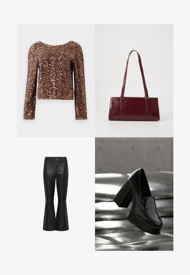 Haut à manches longues en sequins bronze avec un col rond ; design ajusté ; surface brillante et texturée ; longueur crop ; accent d'épaule sans coutures.; Pantalons évasés en cuir noir avec une texture lisse, dotés d'une fermeture éclair à l'avant, d'un bouton de fermeture et de détails de couture subtils le long des coutures.; Mocassin à plateforme en cuir verni noir avec un talon bloc épais flottant au-dessus d'une surface matelassée métallique brillante.; Sac à main bordeaux en matériau brillant, de forme rectangulaire, avec deux anses et des accents légèrement courbés à l'avant.