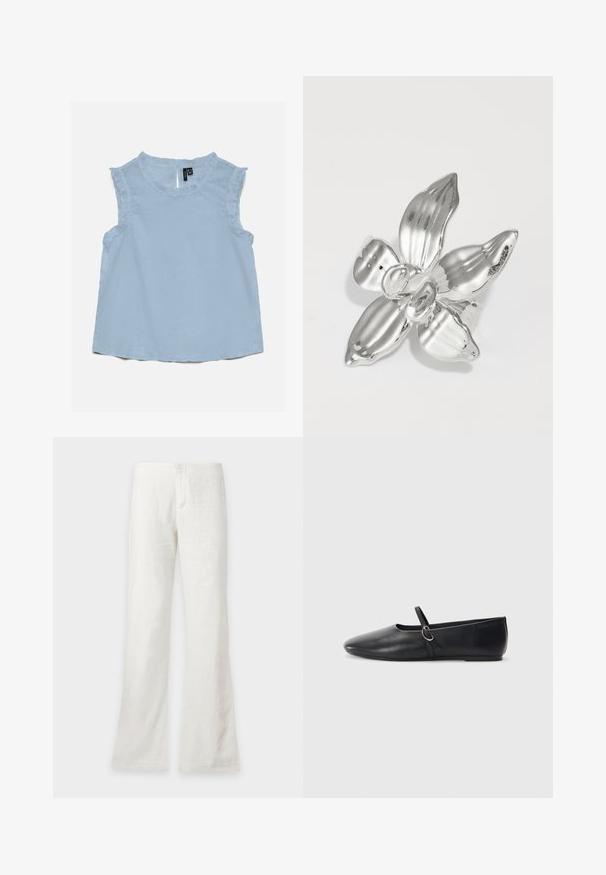 Blouse sans manches bleu clair avec bordure à volants le long de l'encolure et des emmanchures, présentant une texture subtilement ponctuée et une petite ouverture en goutte d'eau au dos.; Pantalon blanc droit avec une taille haute et une fermeture à boutons sur le devant, présenté sur un fond uni.; Ballerines noires en cuir avec un bout pointu, une semelle plate et une petite sangle avec un détail de boucle en argent.; Broche en argent en forme d'orchidée avec quatre pétales texturés, un détail central rond, surface lisse, finition brillante et rainures subtiles sur les pétales.