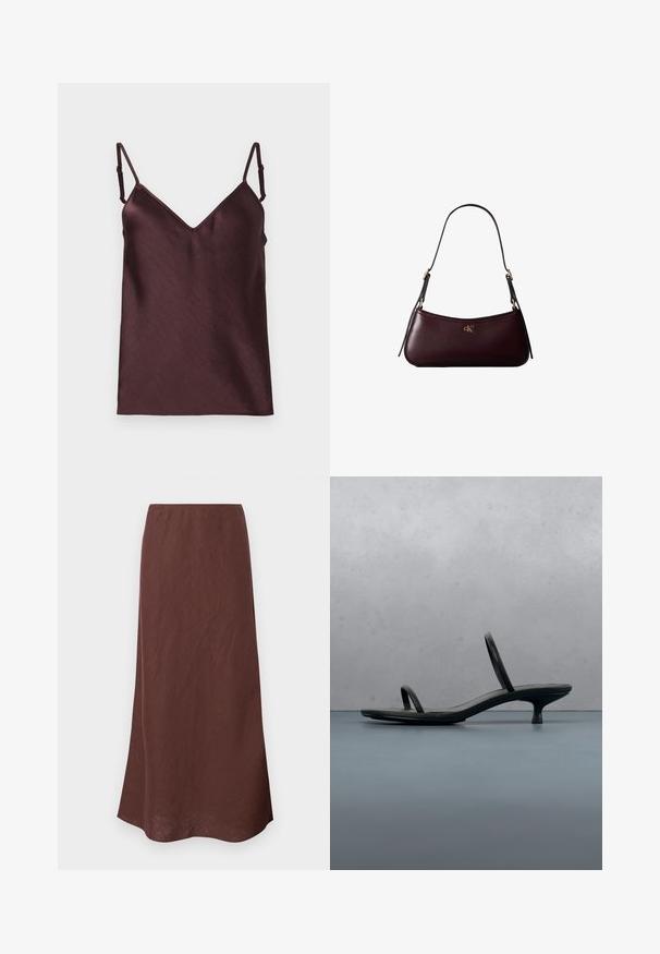 Mørkebrun satin camisole-top med justerbare spaghetti-stropper og en V-hals på en hvid baggrund.; Brun, lang nederdel lavet af letvægtsstof. Har et simpelt design med en lige skæring og en glat tekstur. Kantene er let buede.; Sort Calvin Klein sandal med hæl og tynde stropper, balancerende på træfliser udendørs nær en væg og grønne planter.; Mørk bordeaux læderhåndtaske med en tynd sort skulderrem og lille gyldent "cK" logo foran i midten.