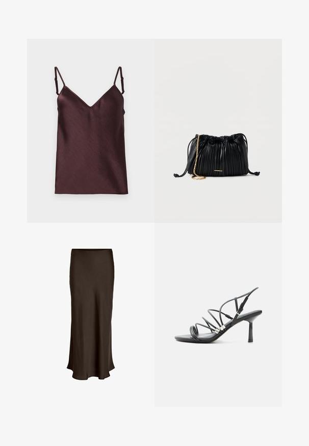 Tummanruskea satiinia camisole-toppi, jossa on säädettävät spagettihihnat ja V-pääntie valkoista taustaa vasten.; VILA VIELLETTE HW MIDI SKIRT - NOOS - Maksihame - coffee bean; Musta korkeakorkoinen sandaali, jossa ohuet kaarevat remmit, hopeiset yksityiskohdat ja säädettävä nilkkahihna valkoisella taustalla.; Musta, laskostettu nahkainen vetoketjullinen käsilaukku, jossa on kullanvärinen ketjuhihna ja pieni vaakasuora kultainen koriste edessä.