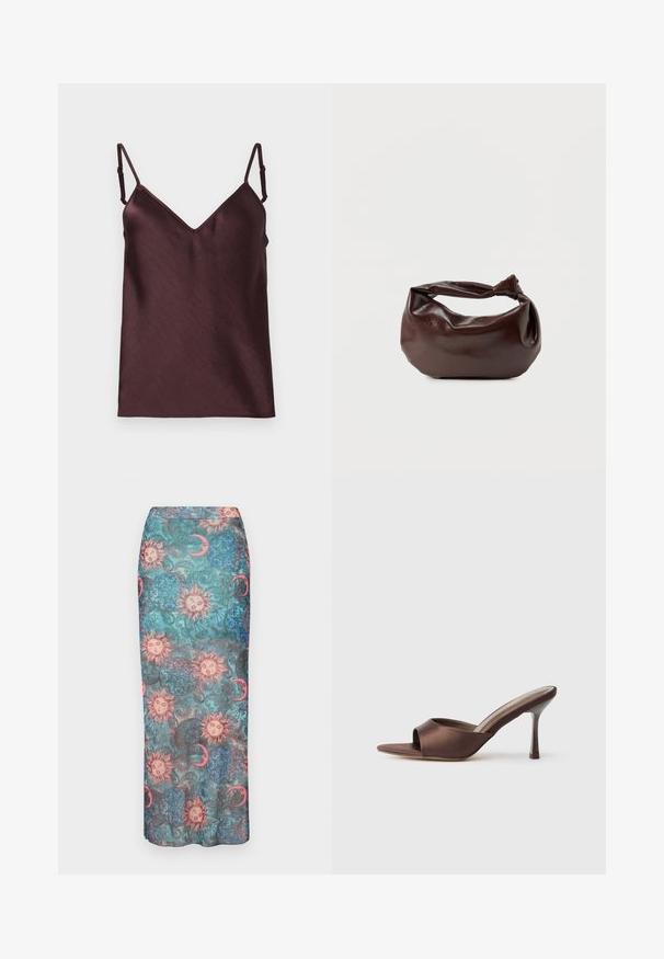 Dunkelbraunes Satin-Camisole-Top mit verstellbaren Spaghettiträgern und V-Ausschnitt auf weißem Hintergrund.; Langer, taillierter Rock mit einem mehrfarbigen Druck von Sonnen, Monden und kunstvollen Mustern auf einem strukturierten türkisfarbenen Hintergrund.; Braunes Satin-Offene-Zehen-Mule mit einem mid-Höhen, schlanken Absatz und einem Slip-On-Design auf einem schlichten weißen Hintergrund.; Dunkelbraune Lederschultertasche mit weicher, lockerer Form und einem gedrehten Knotengriff vor schlichtem weißem Hintergrund.