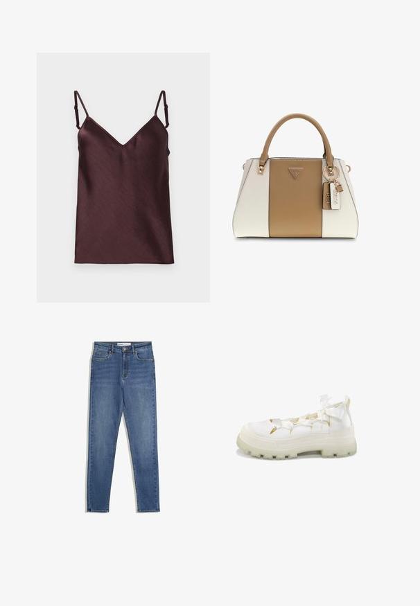 Donkerbruine satijnen top met verstelbare spaghettibandjes en een V-halslijn op een witte achtergrond.; Blauwe denim jeans met een hoge taille, slim fit, zijzakken, een ritssluiting en contrasterende stiksels. Gestructureerd ontwerp met een gladde textuur.; Witte sneaker met dikke zool, uitsnijdingen en lintachtige veters die in strikjes aan de zijkant en bovenkant zijn vastgemaakt.; Gestructureerde handtas met een beige middenpaneel, witte zijkanten, beige handvatten, gouden hardware en twee hanglabels, waarvan er één is geperst met "1981" en de andere "GUESS".