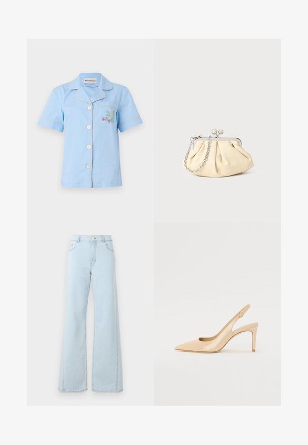 Lysblå kortærmet skjorte med krave, der har en brystlomme og flerfarvet blomsterbroderi, afsluttet med kontrasterende pipings.; Lysblå denim wide-leg jeans har høj talje, frontlommer og synlige stiksyninger på sømmene og kanten.; Nude patenteret læder slingback hæl med spidse tæer, åben vamp og en tynd stiletto hæl. Har et cirkulært guldfarvet element på remmen.; Plisseret beige læderclutch med en sølvmetalramme, der har to runde dekorative låse og en sølvkædetrasporte.