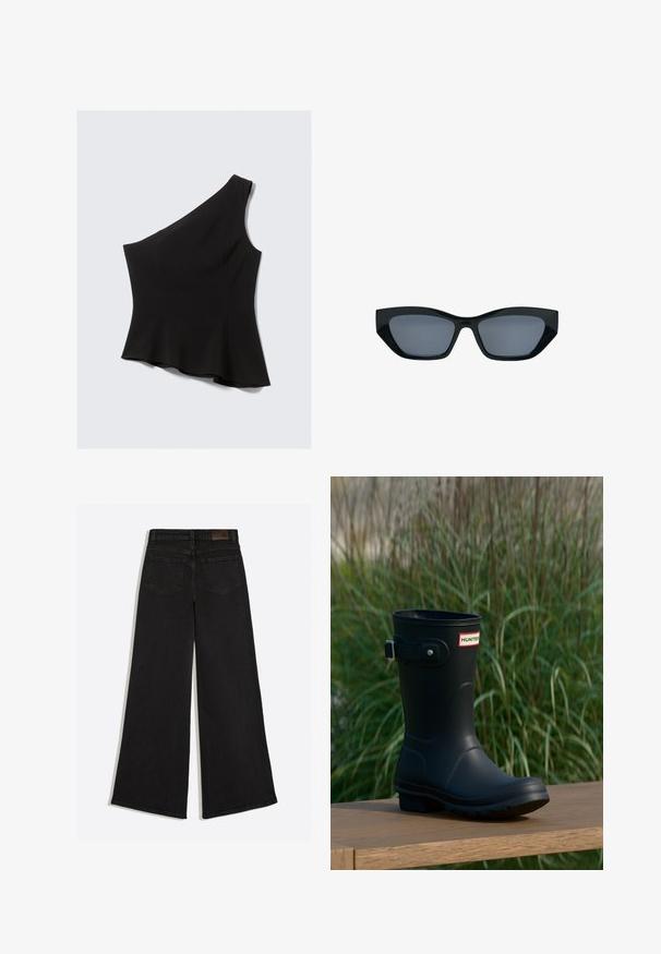 Schwarzes Top mit einem Schulterriemen, das einen enganliegenden Oberkörper hat und an der Taille ausgestellt ist, gefertigt aus glattem, dehnbarem Stoff ohne sichtbare Muster.; Schwarze Jeans mit weitem Bein, von hinten gezeigt, mit zwei Gesäßtaschen und Gürtelschlaufen am Bund.; Schwarzer Gummiregenstiefel mit glänzender Oberfläche, ausgestattet mit einer silbernen Schnalle und einem Logo-Patch. Die Sohle ist strukturiert für besseren Halt.; Schwarze Katzenaugen-Sonnenbrille mit dicken Rahmen und dunkel getönten Gläsern, vor weißem Hintergrund gezeigt.