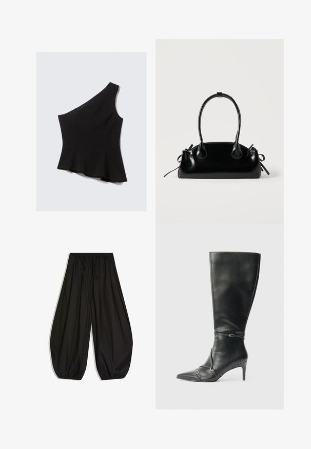 Zwarte een-schouder top met een aansluitend lijfje dat uitloopt bij de taille, gemaakt van soepel, elastisch stof zonder zichtbare patronen.; Losse zwarte wijde broek met elastische tailleband en geplooide elastische boorden bij de enkels, weergegeven op een witte achtergrond.; Zwarte leren kniehoge laarzen met een slanke hak, puntige neus en banddetail bij de enkel. Gladde textuur en aansluitend ontwerp.; Kleine zwarte glanzende handtas met twee lange hengsels en zijkant trekkoord details op een effen lichte achtergrond.
