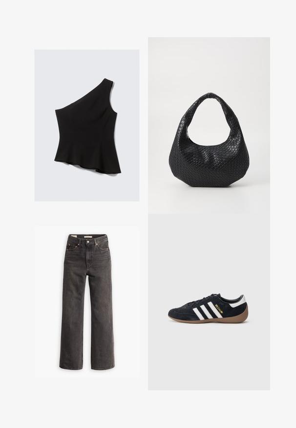Top negro de un solo hombro con un corsé ajustado que se ensancha en la cintura, confeccionado con tela lisa y elástica sin patrones visibles.; Jeans de tiro alto y pierna ancha en denim gris oscuro, con bolsillos frontales, remaches de cobre en contraste y un acabado limpio sin adornos.; Zapatilla de ante negra con tres rayas blancas, suela de goma y un pequeño logo dorado en el lateral. Cuenta con un forro interior negro liso.; Bolso de mano tejido en negro con un asa curvada, que presenta una superficie texturizada y una forma holgada. Acabado suave con una silueta orgánica.