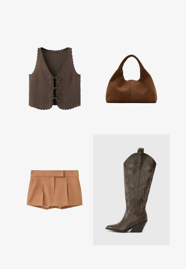 Haut court sans manches marron avec bords festonnés et trois nœuds noués sur le devant, en tissu texturé.; Shorts marron clair taille haute, ajustés, avec plis avant et poches latérales, dotés d'une ceinture large avec fermeture dissimulée.; Botte de cowboy en cuir marron avec un embout pointu, un talon compensé et des broderies décoratives. Dispose d'un long tige et d'une languette de tirage.; Sac hobo en daim marron avec une anse large et arrondie et une forme souple et décontractée sur un fond blanc.