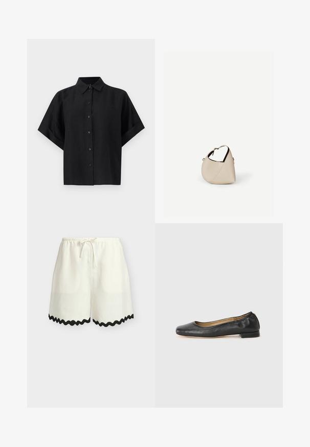 Chemise noire à manches courtes avec boutons et col, fabriquée en tissu léger, présentée sur un fond clair uni.; Short blanc ample avec taille élastique et cordon, orné d'un bord festonné noir le long de l'ourlet.; Ballerines en cuir noir avec un bout arrondi et des coutures minimales. Talon bas et rectangulaire avec une texture lisse. Détails subtils de doublure intérieure.; Sac à main en cuir beige en forme de croissant avec une seule bandoulière et des coutures minimalistes, posé sur un fond blanc uni.