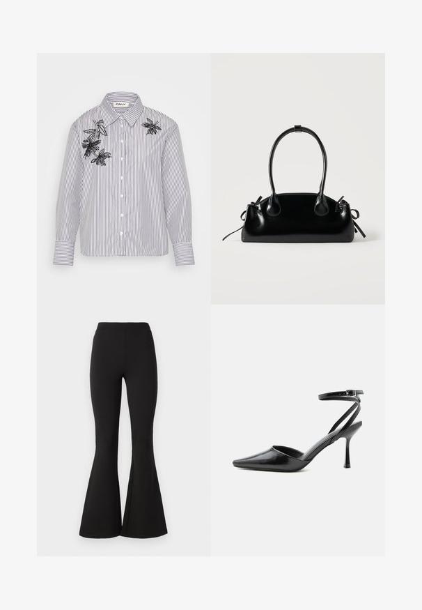 Chemise à rayures blanche et marine. Présente des motifs d'insectes brodés en noir sur le côté gauche. Col classique et manches longues.; Leggings noirs évasés en tissu extensible, dotés d'une taille haute et d'une texture lisse, s'évasant vers le bas avec un large flare au niveau des chevilles.; Escarpin noir à bout pointu avec fines brides de cheville et fermeture à boucle argentée sur fond clair uni.; Petit sac à main noir brillant avec deux longues anses et des détails à cordon sur les côtés sur un fond clair uni.