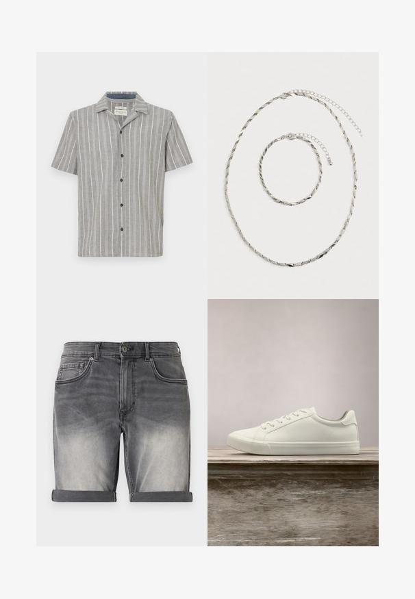 Chemise à manches courtes de couleur gris clair avec des rayures verticales blanches. Dispose d'un devant boutoné et d'un col classique. Fabriquée en tissu léger.; Shorts en denim noir délavé avec un ourlet retroussé, comportant cinq poches et un léger effet délavé à l'avant. Fermeture classique à boutons.; Sneaker en dentelle blanche flottant au-dessus d'un banc en bois avec un feuillage vert en arrière-plan, mettant en valeur le design et la texture de la chaussure.; Collier en chaîne torsadée argentée et bracelet assorti avec fermoirs ajustables, posés à plat sur un fond blanc.