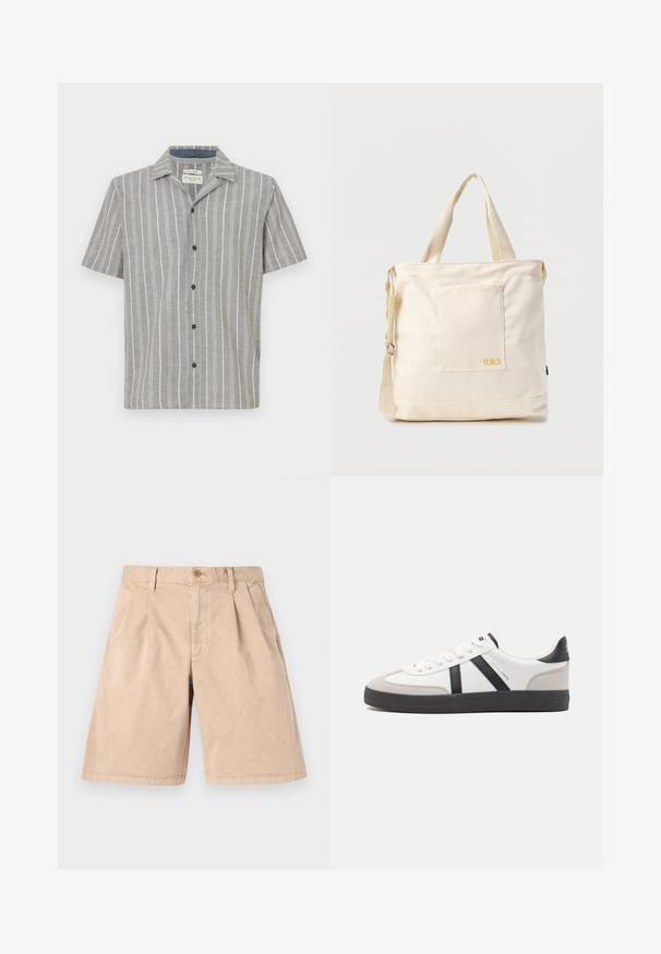 Kortærmet skjorte i lysegrå med hvide lodrette striber. Har en knapfront og en klassisk krave. Lavet af letvægtsstof.; Beige shorts lavet af bomuld, med en lige pasform, plisseret front, sidelommer og en enkelt knaplukning i taljen.; Hvide sneakers med sorte og grå detaljer, med en tekstureret grå tåhætte, sort gummisål og flade hvide snørebånd. Rent design, minimalistisk stil.; Kremfarvet lærredstote-taske med frontlomme, to håndtag, justerbar skulderrem og lille gul "O.N.S" tekst i nederste højre hjørne af lommen.