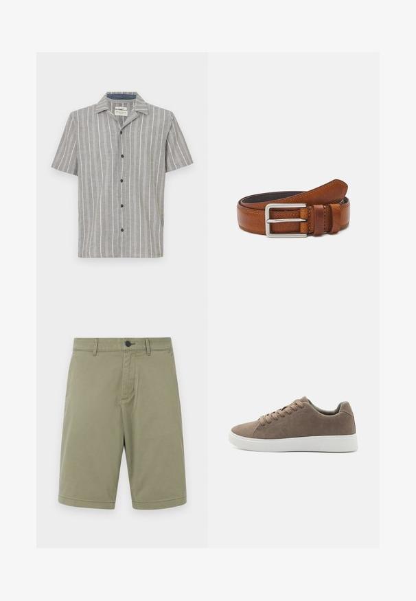 Chemise à manches courtes de couleur gris clair avec des rayures verticales blanches. Dispose d'un devant boutoné et d'un col classique. Fabriquée en tissu léger.; Shorts en kaki en coton, dotés de passants de ceinture, d'un bouton avant et d'un design à l'avant plat avec une finition soignée et sans poches.; Baskets en daim marron avec des semelles en caoutchouc blanc plat, design lacé, bout rond et texture lisse. Style minimaliste avec des détails de couture subtils.; Ceinture en cuir marron avec une texture lisse, boucle en métal argenté, bords cousus et un détail en boucle, présentant une extrémité effilée.