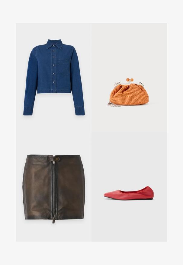 CLOSED CROPPED CLASSIC SHIRT - Skjortebluser - dark blue; Sort læder mini-skjørt med lukning foran med lynlås, glat overflade og en smal talje. Har et lille metalaccent på taljen.; Filippa K REY FLATS - Ballerinasko - bright red; Lille orange flettet clutch-pung med sølvmetalramme, rund lukning og en sølvkæde-rem på en hvid baggrund.