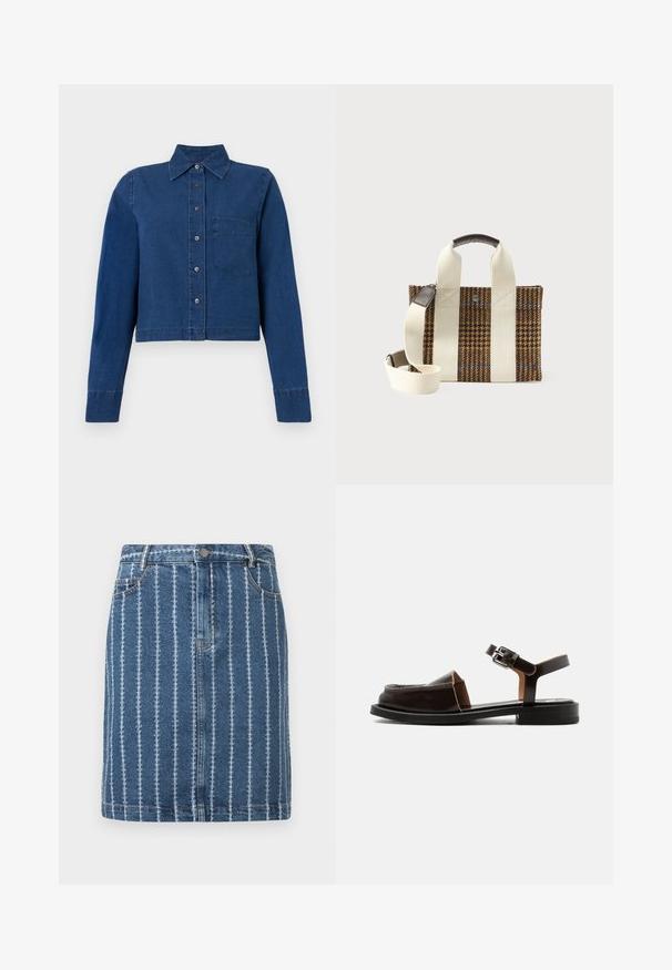 CLOSED CROPPED CLASSIC SHIRT - Nööpidega pluus - dark blue; Denim seelik vertikaalsete valgete triipudega, millel on vöökoht, esikotid ja sirge lõige. Sinine kangas, millel on veidi kulunud tekstuur.; Tumepruun nahast avatud varbaosaga madala kontsaga sandaal, millel on pahkluu rihm ja hõbedane pandel, ning kinnitusdetailidega suletud esiosa.; Pruun ja must houndstooth musteriga kott laiadest kreemikatest rihmadest, nahast käepidemest ja reguleeritavast kreemikast õlarihmast valgel taustal.