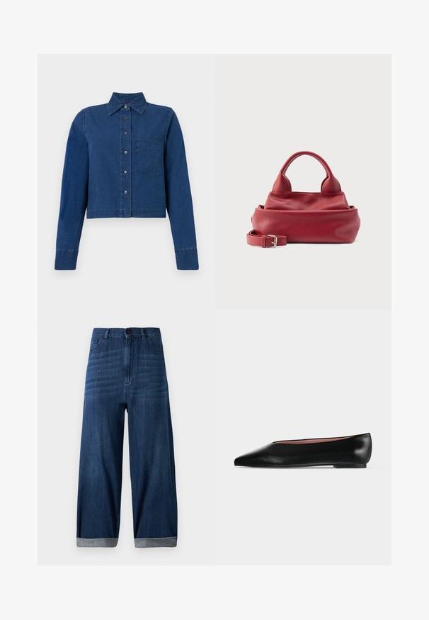 CLOSED CROPPED CLASSIC SHIRT - Skjortebluser - dark blue; Mørkeblå vide denimjeans med opsmøgede hems, frontknap og lommer mod en ensfarvet lys baggrund.; Sort damesko i læder med flad hæl og spids tå, vist fra siden på en ensfarvet lys grå baggrund.; Rød struktureret lædertaske med to runde håndtag og en aftagelig rem med et sølvspænde på en hvid baggrund.